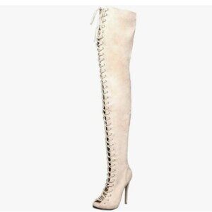 YDN Women Peep Toe Thigh High Heel Boots Stiletto Lace-up Suede Winter Shoes